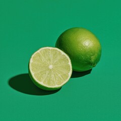 Minimalist still life of fresh ripe lime fruit and juicy slice on solid green background