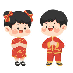 Cartoon Boy and Girl in Chinese Outfit