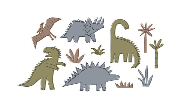 Cute cartoon hand drawn Dinosaurs. Sketch, doodle style. Vector illustration for kids.