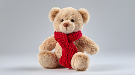 Obraz premium Light Beige Teddy Bear with Red Scarf Isolated on Warm White Background for Christmas