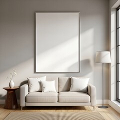 Living room interior with white empty poster on the wall