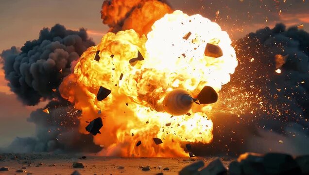 Ultra HD 4K slow motion footage of an explosion from a bomb or missile featuring dense smoke and fiery effects on an alpha channel ideal for action cinematic or VFX stock videos