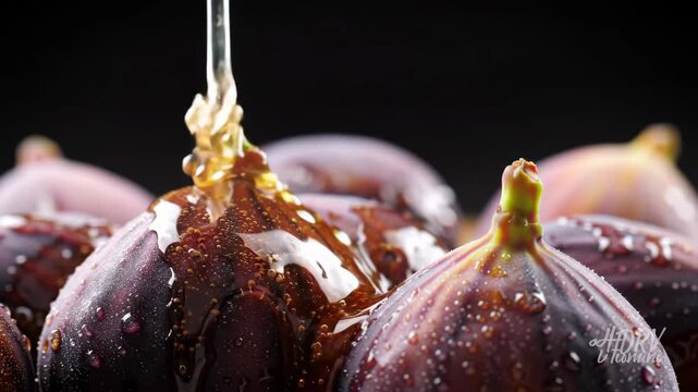 Sweet honey pours over fresh ripe figs, dark background detail.
