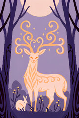 Majestic Fantasy Deer with Glowing Antlers in Enchanted Forest at Night