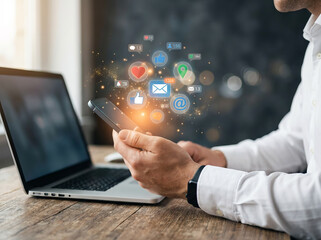 Social media marketing and digital communication concept. Man using smartphone with notification icons for online engagement.