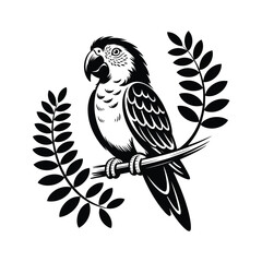 Parrot perched on a branch, silhouette vector design on a white background