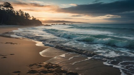 Sunrise Over the Calm Ocean Waves With Gentle Shoreline and Soft Clouds in the Background