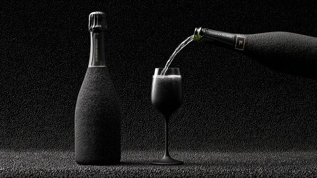 Champagne Bottle and Glass on Black Textured Background with Copy Space