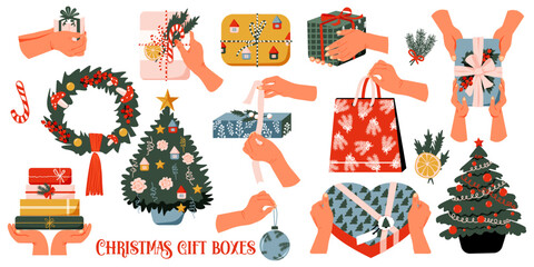 Christmas elements. Hands with gifts boxes set. Gift packaging. Holding present box, holiday packages in festive paper wrapping, tied with ribbon, bow. Christmas tree, wreath.