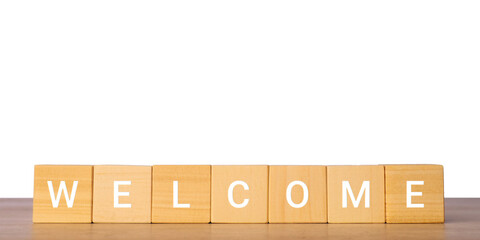 Wooden blocks with word welcome for greeting and onboarding concept, isolated on transparent background