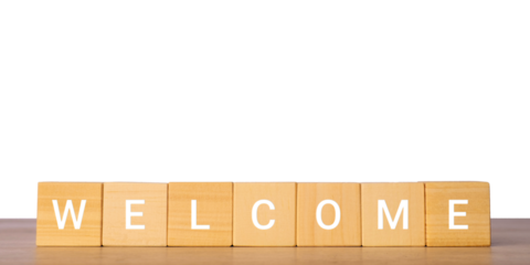 Wooden blocks with word welcome for greeting and onboarding concept, isolated on transparent background