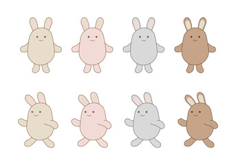 ゆるいシンプルうさぎの 線画セット グレージュ くすみピンク 他4色 （立つ・歩く） 背景透過PNG
