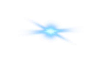Blue star radiates glowing light. PNG. Floating dust, tiny stars, and glowing sparks swirl around it. Shimmering beams and sparkling particles extend outward.