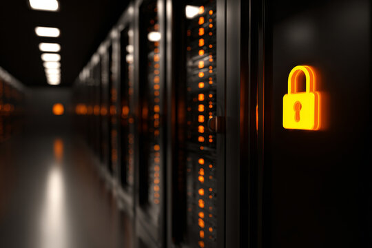 Server room with a glowing security lock icon hovering above polished server racks, showcasing elegant lighting and a sophisticated enterprise environment