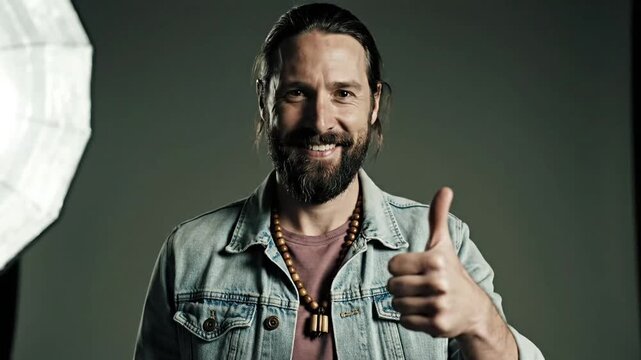 Smiling man with beard and beads wearing denim jacket posing in front of gray backdrop