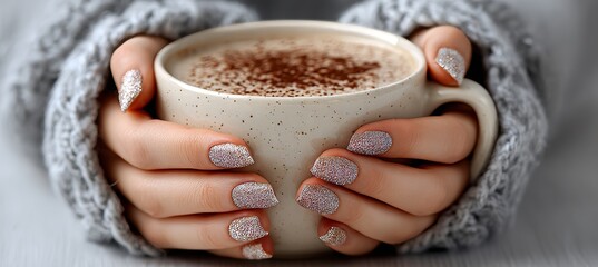 Hands holding a warm ceramic mug filled with rich cocoa, embodying cozy winter vibes and comfort