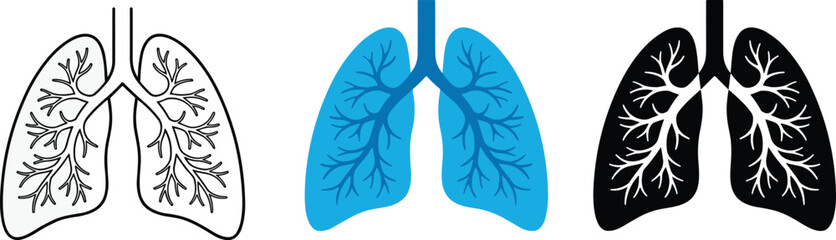 Set of Black Line Icons Representing Pulmonary, Respiratory, and Lung Diseases, Symptoms, Diagnosis, and Medical Treatment for Asthma, COPD, and Pneumonia