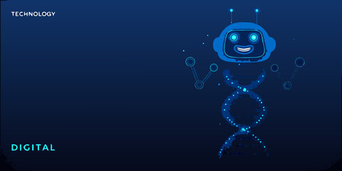 Friendly robot with dna structure on a dark blue technology background