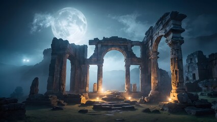 Mysterious Ancient Ruins Illuminated by Moonlight Under a Starry Sky