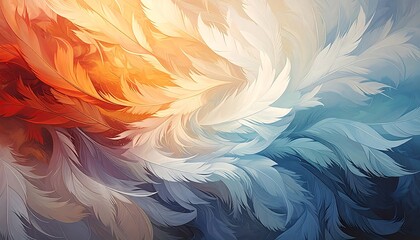 Colorful, stylized feathers arranged in a swirling pattern transition from warm orange tones to cool blue shades