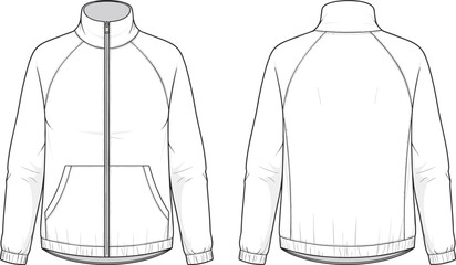 Technical flat sketch of a men's or women's full-zip track jacket or sports windbreaker with raglan sleeves and kangaroo pocket, essential fashion CAD vector  © Mursalatun