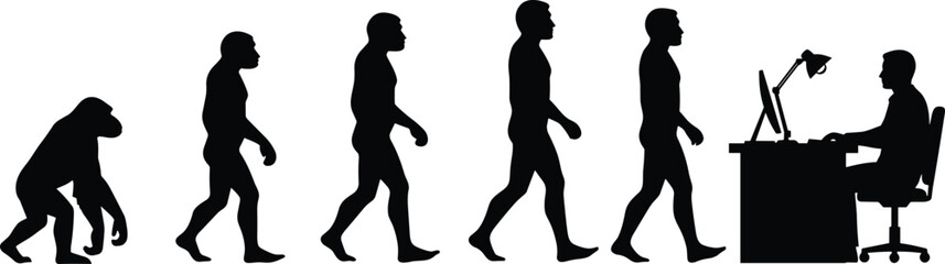 Here is a title and a set of keywords for the uploaded black-and-white illustration of the human evolution sequence ending in an office worker, optimized for Adobe Stock and SEO.