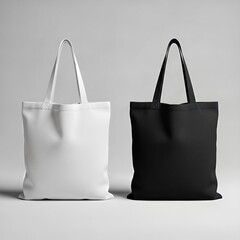 White and black tote bags mockup on a grey background.