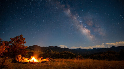 Night canyon landscape with a glowing campfire under a brilliant Milky Way over mountains. The scene evokes stargazing, serenity, wilderness adventure, outdoor camping, and peaceful natural beauty.