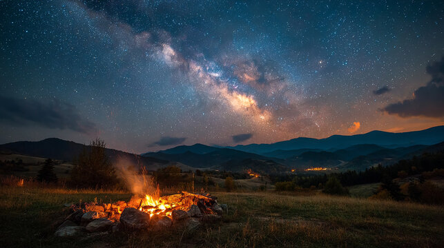 Night canyon landscape with a glowing campfire under a brilliant Milky Way over mountains. The scene evokes stargazing, serenity, wilderness adventure, outdoor camping, and peaceful natural beauty. - Powered by Adobe