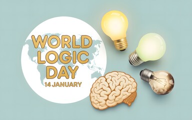 World logic day celebration with glowing light bulbs and brain illustration