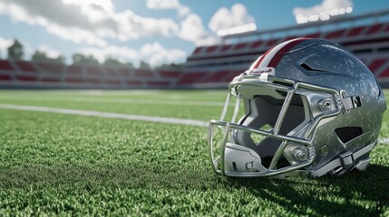 American football helmet resting on a grassy field in a stadium, ready for game day action
