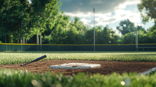 A baseball bat rests on the infield dirt near home plate on a sunny day