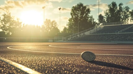 A lone rugby ball rests on a track at sunrise, bathed in golden light, with stadium seating in the background