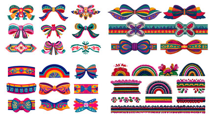 A lively collection of decorative bows and folk inspired borders featuring bright colors, detailed patterns, and artistic cultural motifs suitable for crafting and design.