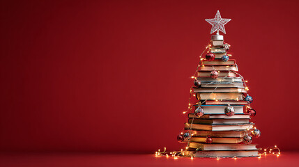 A unique Christmas tree crafted from stacked books, adorned with lights and ornaments, topped with a star, set against a solid red backdrop, celebrating the holiday season.