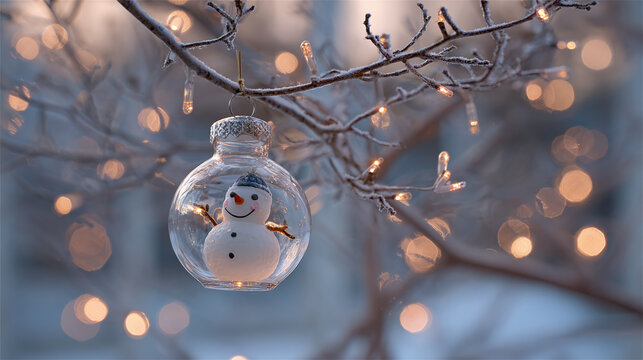 A whimsical snowman nestled inside a clear ornament, hanging among frosty branches and soft bokeh lights, evokes the magic of winter's enchantment and holiday cheer.