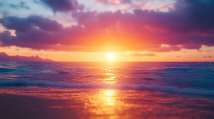 Blurred sunset over Costa Rica beach with orange, purple, and blue hues. Perfect for green screen compositing, the scene evokes tranquility, tropical beauty, ocean vibes, and dreamy, serene coastal la