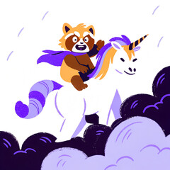 Cute Red Panda Superhero Riding a Magic Unicorn Through the Clouds