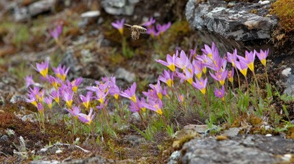 Obraz premium Insect approaches small cluster of purple and yellow wildflowers growing near rocks
