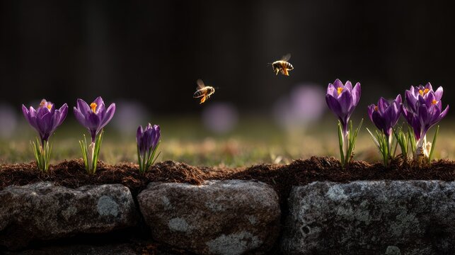 Two bees fly near vibrant purple spring blossoms growing above a low stone border