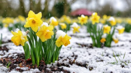 Bright yellow blossoms bravely face unexpected snowfall in a garden setting
