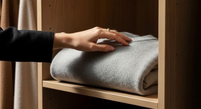 A woman's hand gently touches a soft gray sweater in a closet. Organizing clothes on a wooden shelf. Minimalist home and fashion concept