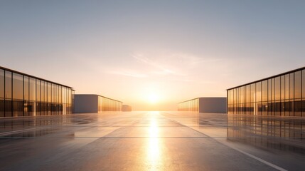 Modern architecture at dawn: A serene image features a modern architectural marvel at dawn, with geometric designs mirrored in glass and steel reflecting the soft, warm hues of the sunrise.