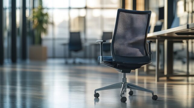 Modern black office chair with mesh backrest on wheels in empty glass workplace with natural light