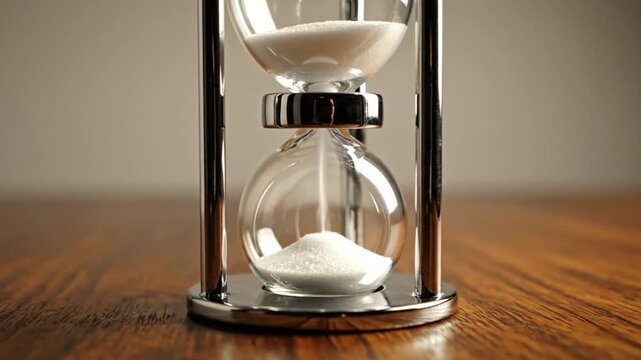 Close-up shot of sand falling through an hourglass on a wooden surface