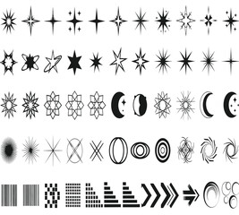 Collection of various black abstract design elements, including stars, moons, geometric shapes, arrows, and barcode patterns, isolated on white background
