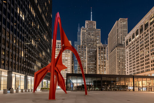 Chicago, USA - September 18, 2019 : Alexander Calder&rsquo;s &lsquo;Flamingo&rsquo; standing on Federal Plaza in Chicago