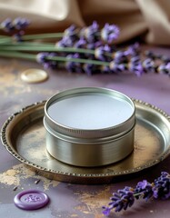 Lavender Balm in Silver Tin on Ornate Tray with Floral Accents