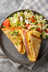 One-Pan Egg Sandwich with ham and cheese closeup on the plate on the table. Vertical top view from...