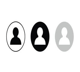 Set of three user profile icons or avatars in different styles outline, solid black, and solid gray silhouette, isolated on white background